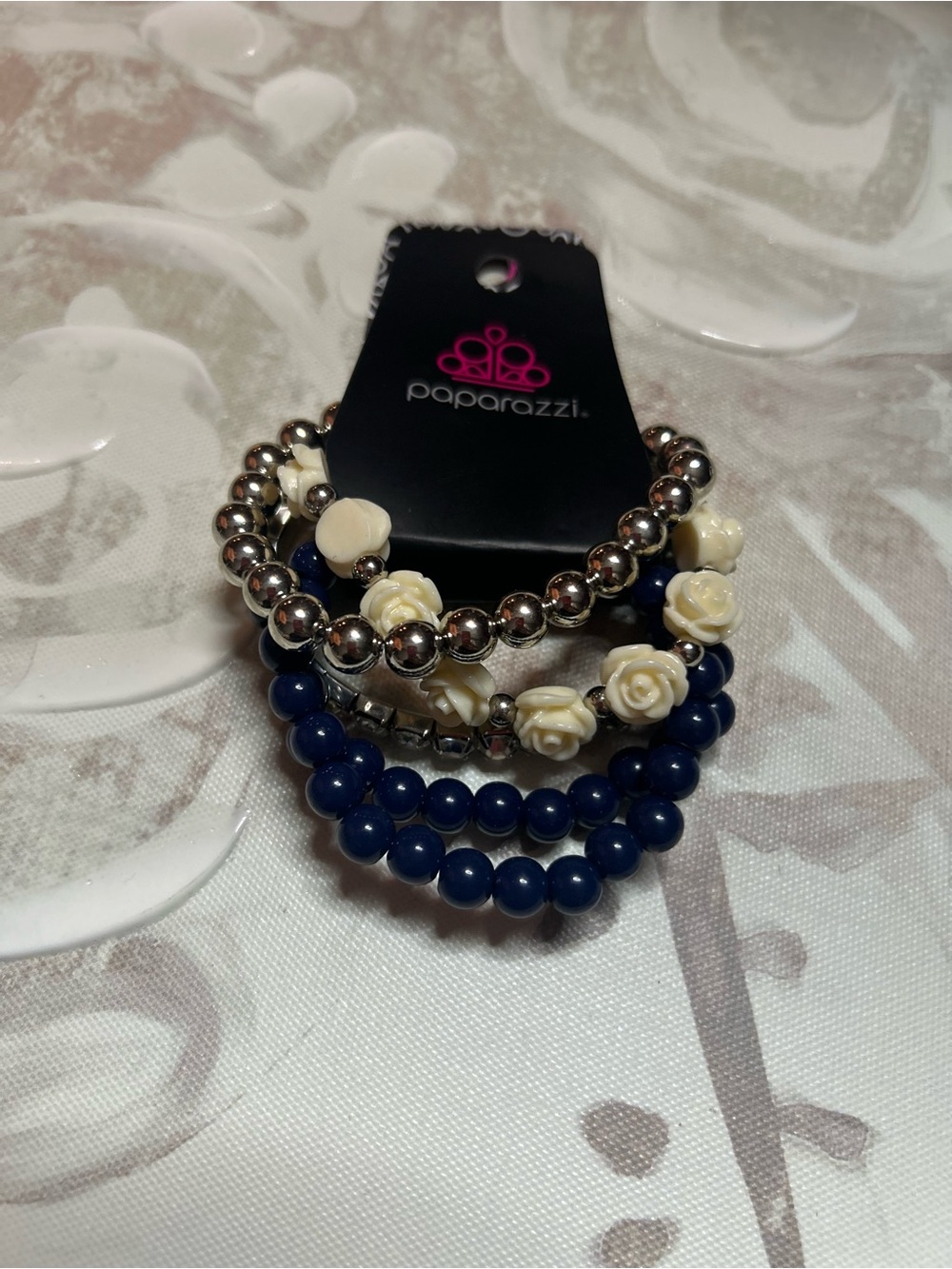 paparazzi Navy Bead & Cream Rose Stackable Bracelet Set